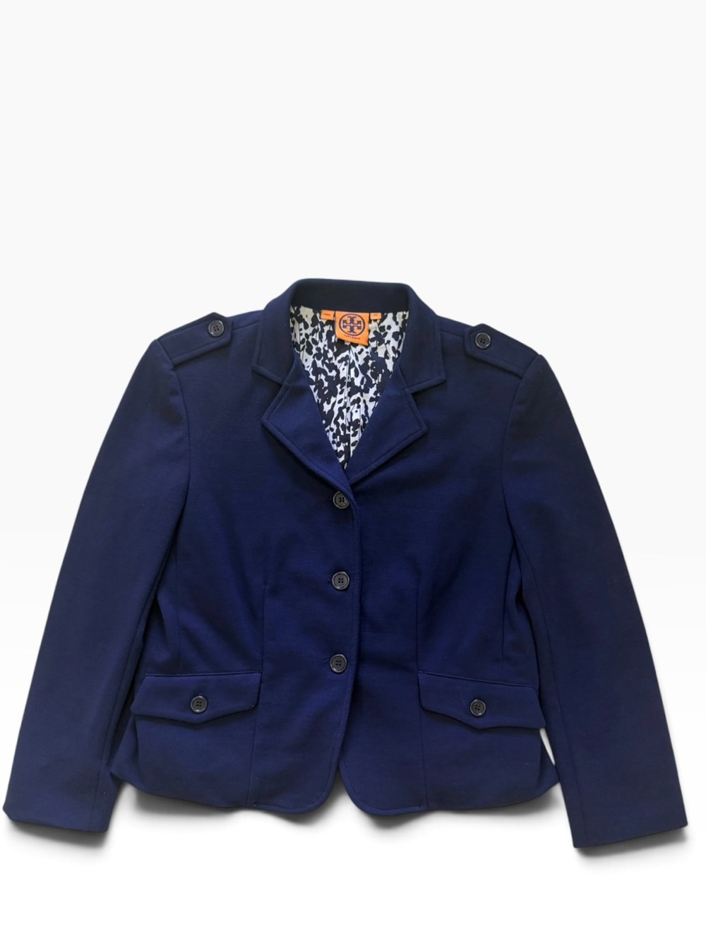 Tory Burch Navy Stretch Knit Military Blazer Jacket XS Printed Lining Epaulets
